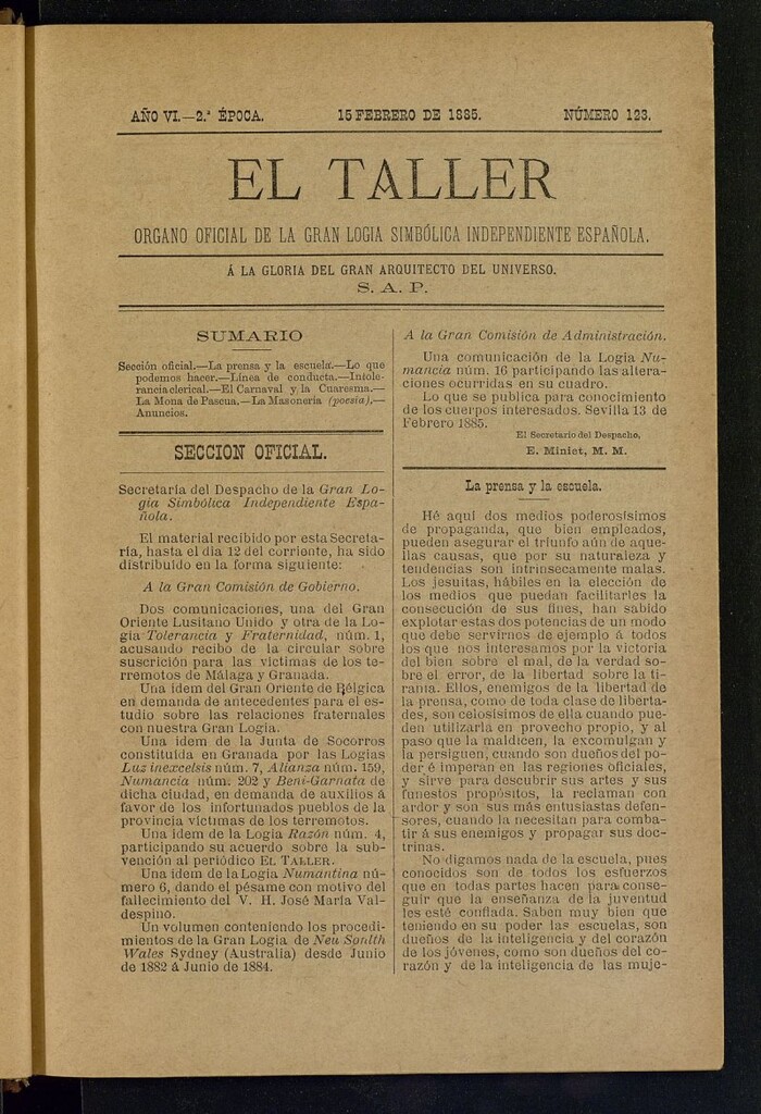 Miniatura de El Taller, de 15 de febrero de 1885, nº 123