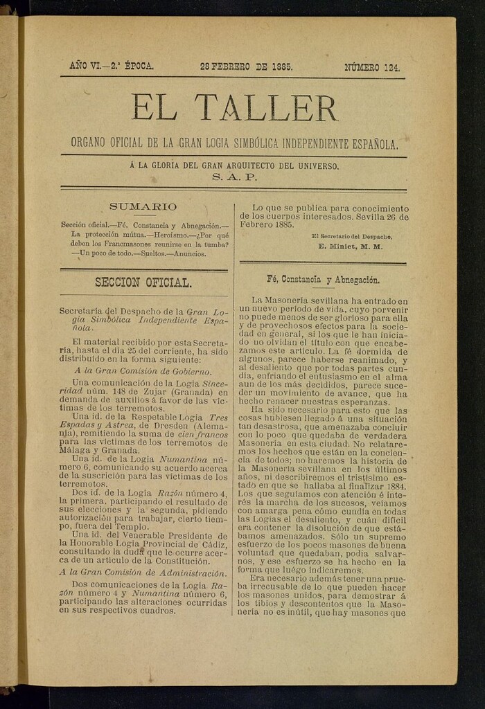 Miniatura de El Taller, de 28 de febrero de 1885, nº 124
