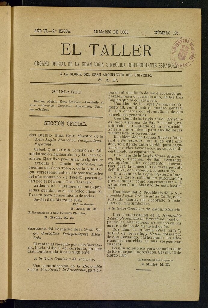 Miniatura de El Taller, de 15 de marzo de 1885, nº 125
