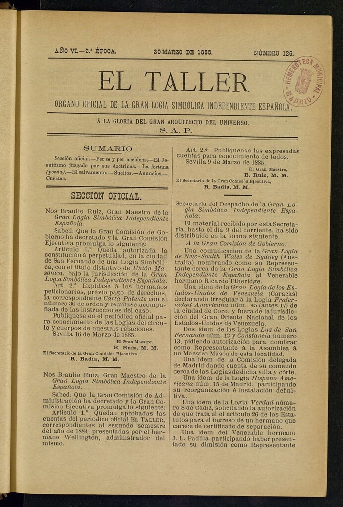 Miniatura de El Taller, de 30 de marzo de 1885, nº 126