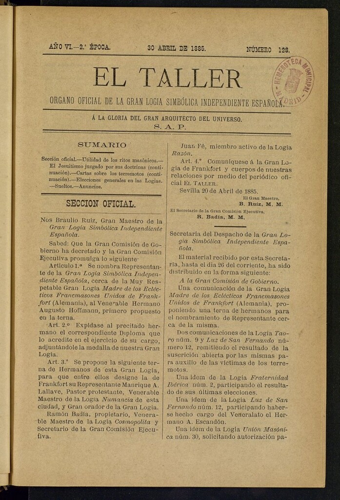 Miniatura de El Taller, de 30 de abril de 1885, nº 128