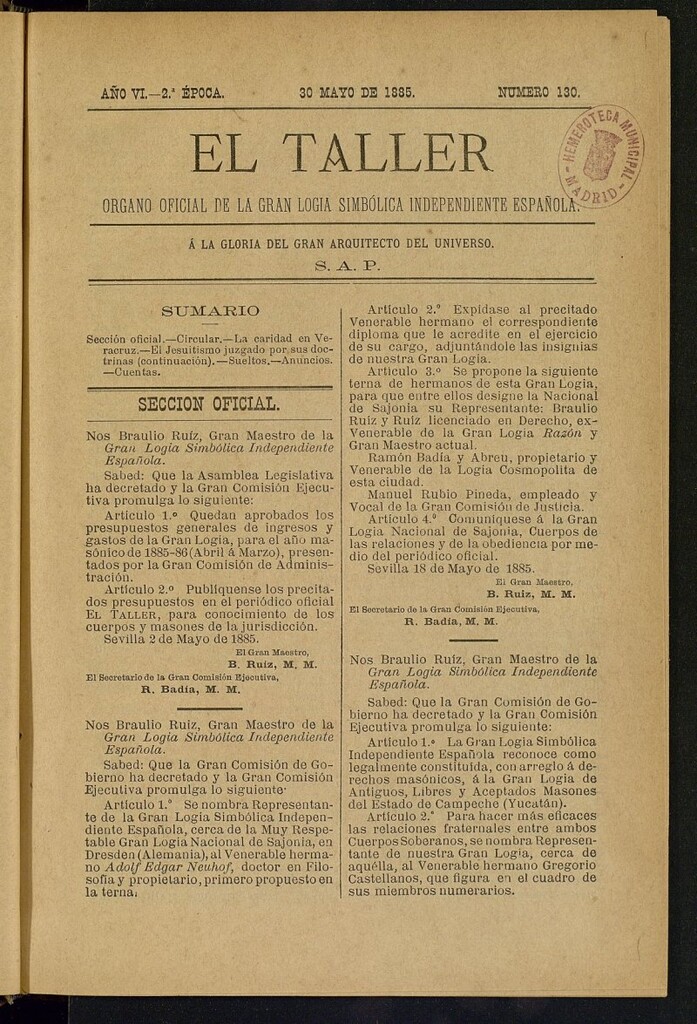 Miniatura de El Taller, de 30 de mayo de 1885, nº 130