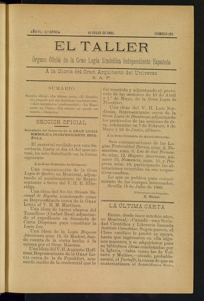 Miniatura de El Taller, de 15 de julio de 1885, nº 133