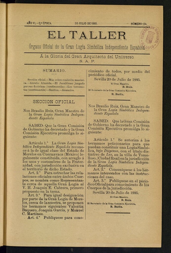 Miniatura de El Taller, de 30 de julio de 1885, nº 134