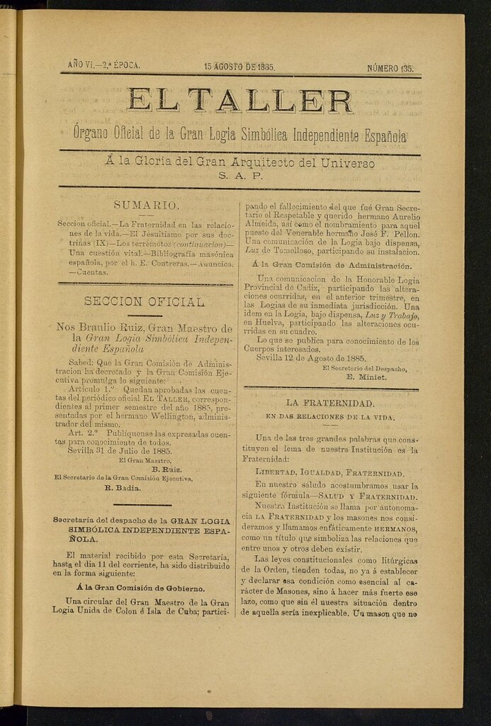 Miniatura de El Taller, de 15 de agosto de 1885, nº 135