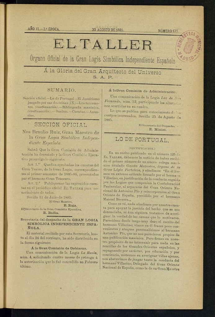 Miniatura de El Taller, de 30 de agosto de 1885, nº 136