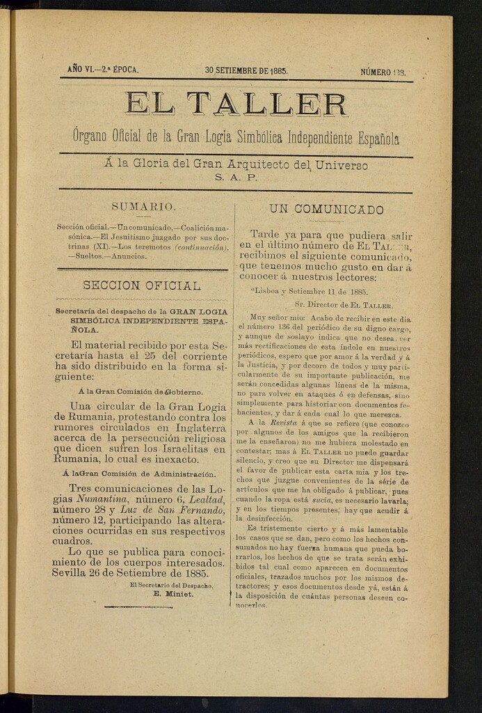 Miniatura de El Taller, de 30 de septiembre de 1885, nº 138