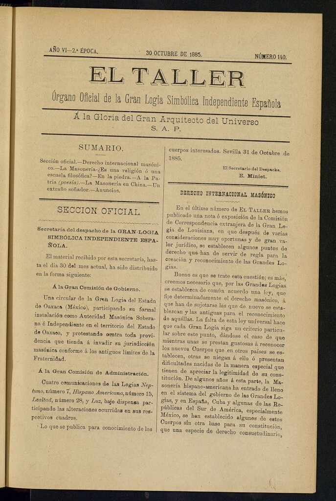Miniatura de El Taller, de 30 de octubre de 1885, nº 140
