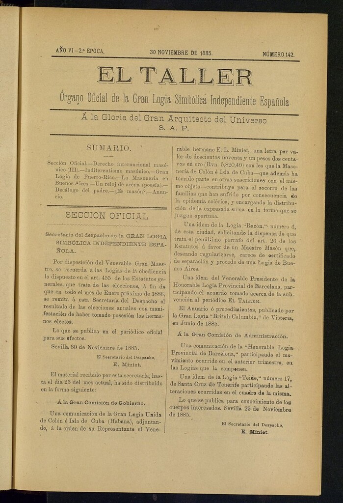 Miniatura de El Taller, de 30 de noviembre de 1885, nº 142