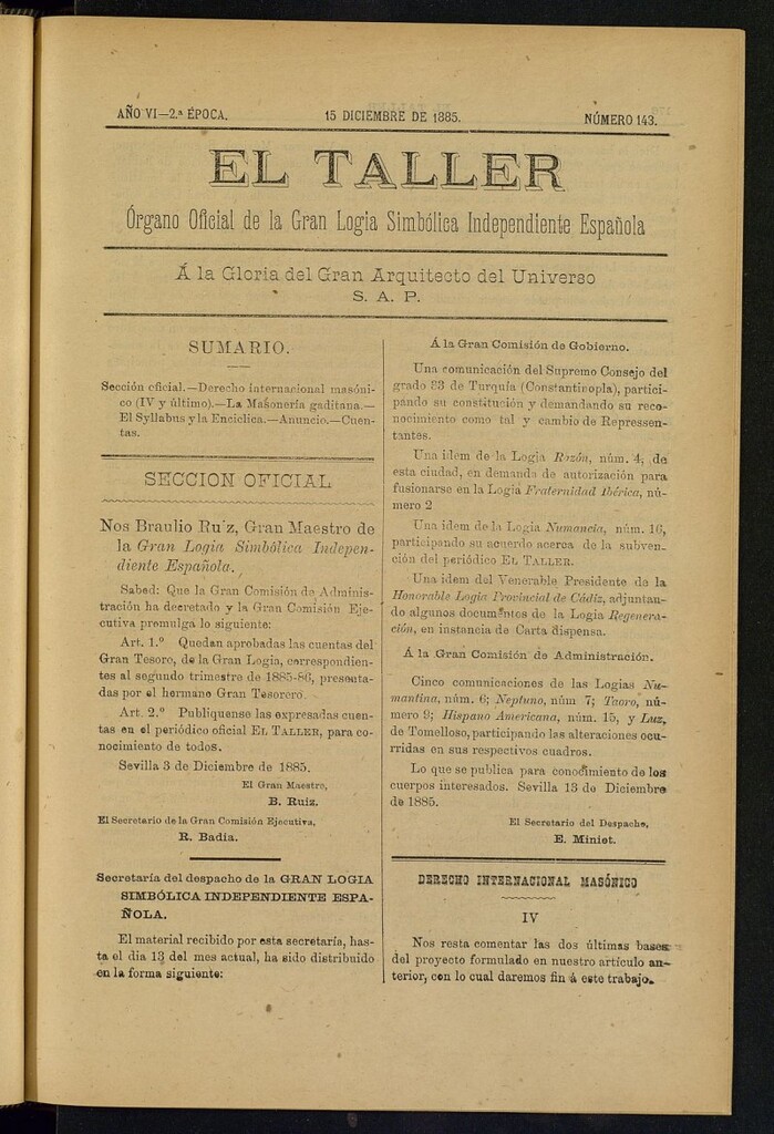 Miniatura de El Taller, de 15 de diciembre de 1885, nº 143