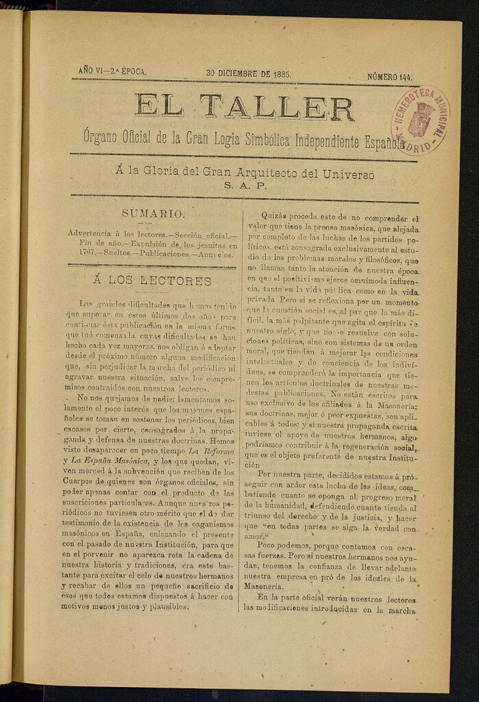 Miniatura de El Taller, de 30 de diciembre de 1885, nº 144