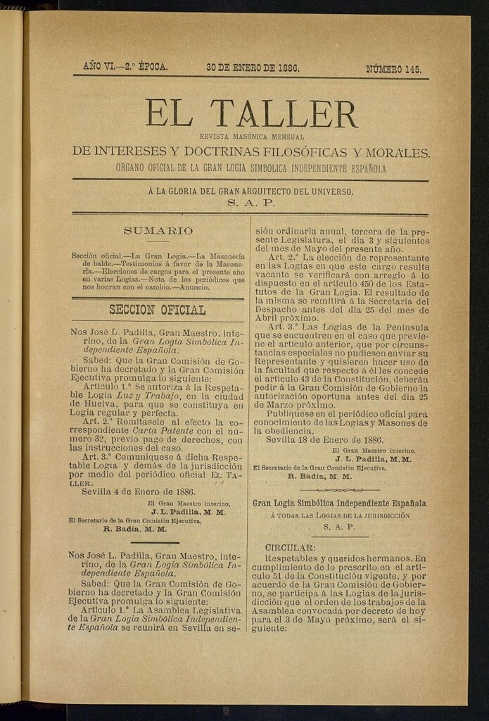Miniatura de El Taller, de 30 de enero de 1886, nº 145