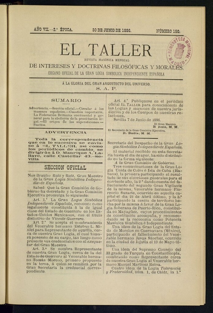 Miniatura de El Taller, de 30 de junio de 1886, nº 150