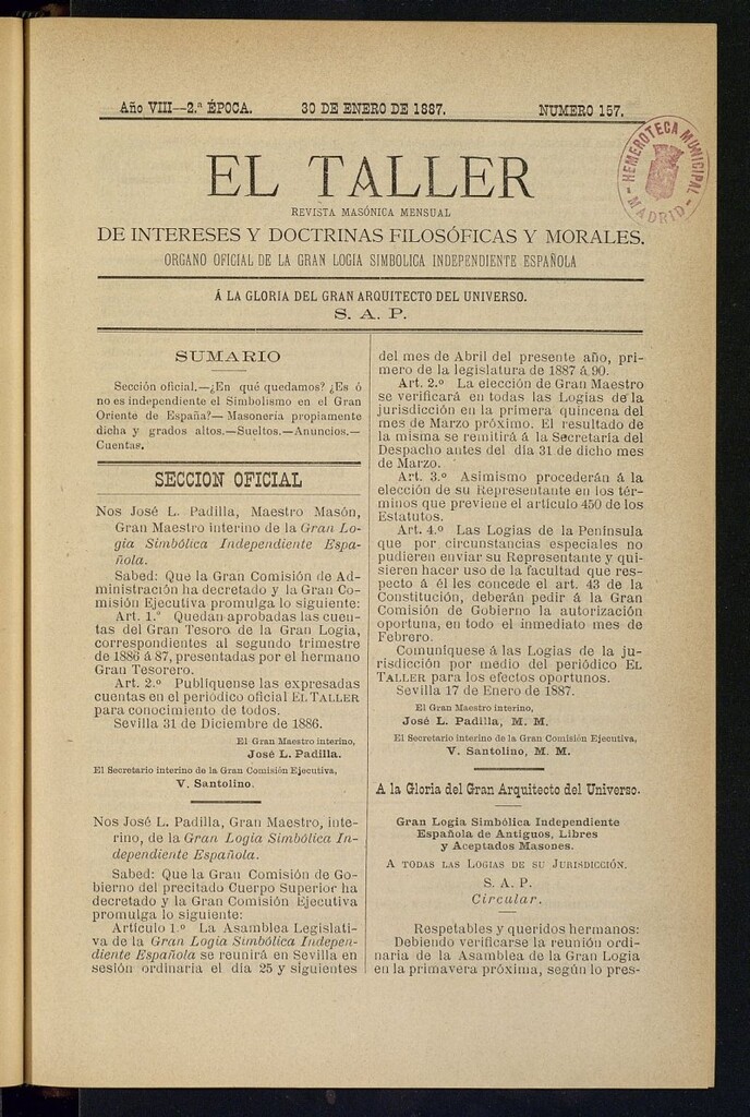 Miniatura de El Taller, de 30 de enero de 1887, nº 157