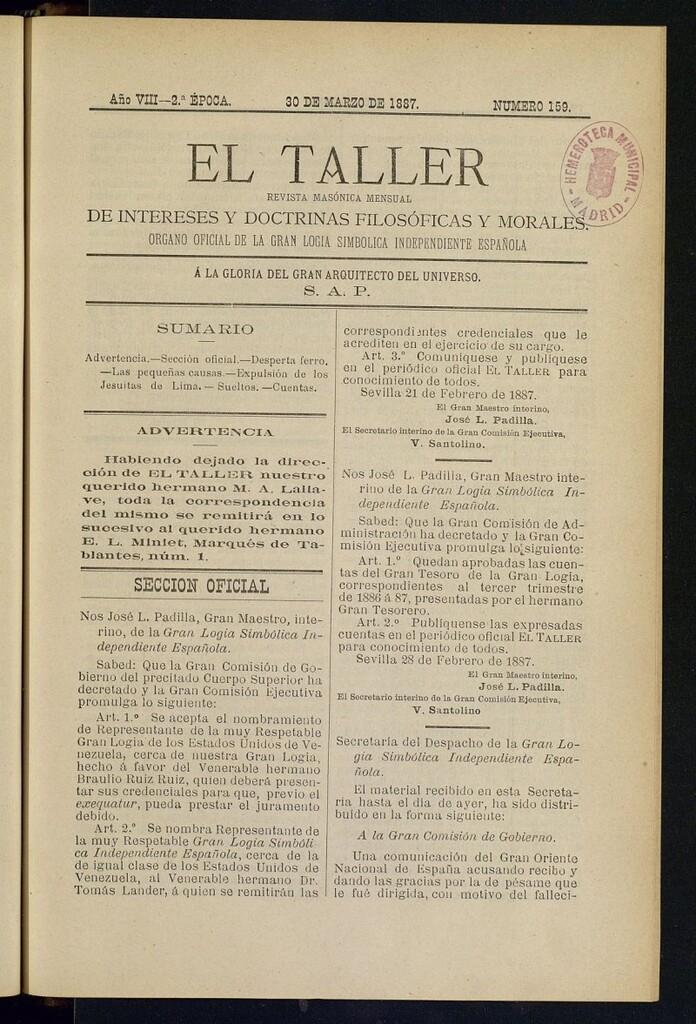 Miniatura de El Taller, de 30 de marzo de 1887, nº 159
