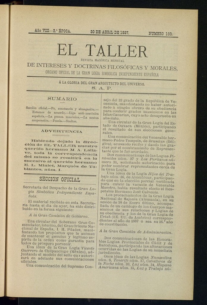 Miniatura de El Taller, de 30 de abril de 1887, nº 160
