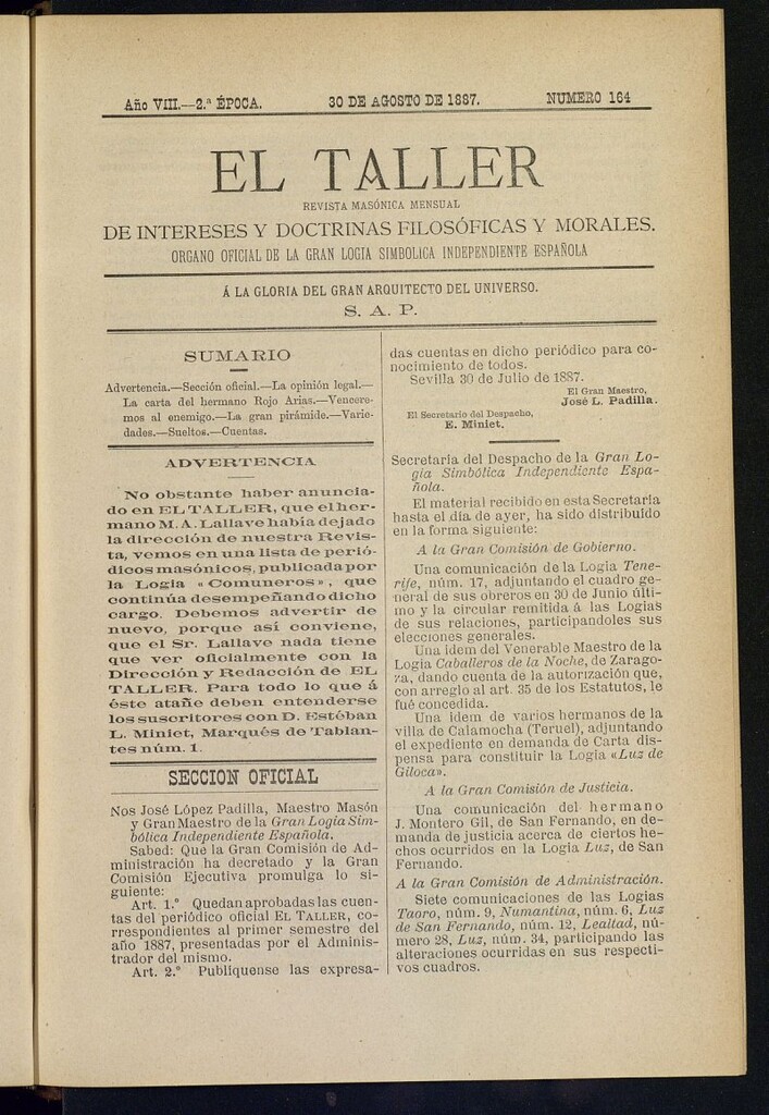 Miniatura de El Taller, de 30 de agosto de 1887, nº 164