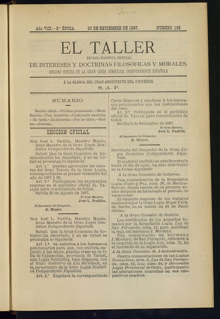 Miniatura de El Taller, de 30 de septiembre de 1887, nº 165