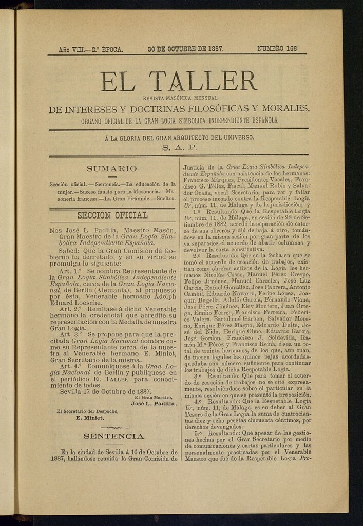 Miniatura de El Taller, de 30 de octubre de 1887, nº 166