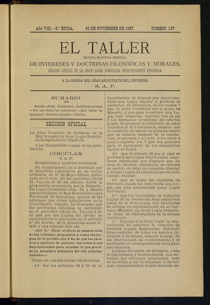 Miniatura de El Taller, de 30 de noviembre de 1887, nº 167