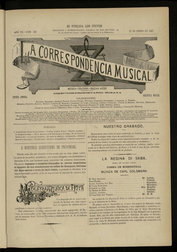 Miniatura de La Correspondencia musical : música, teatros, bellas artes, de 13 de enero de 1887, nº 306