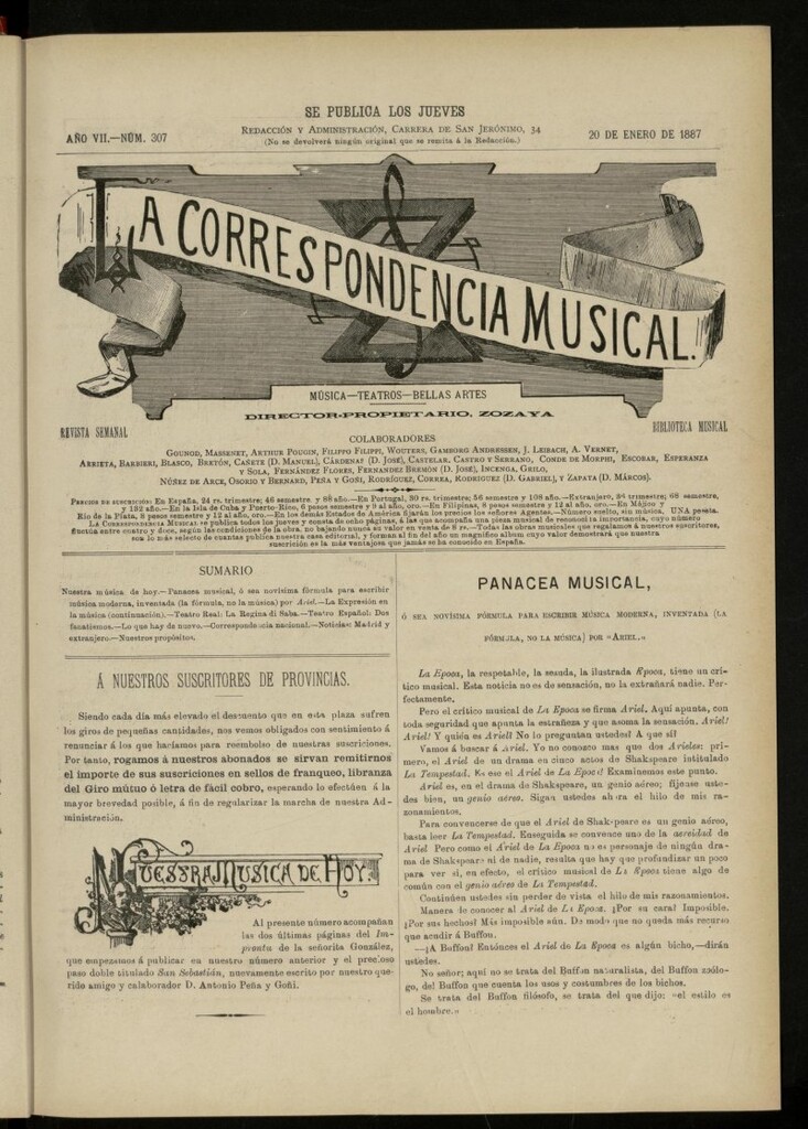 Miniatura de La Correspondencia musical : música, teatros, bellas artes, de 20 de enero de 1887, nº 307
