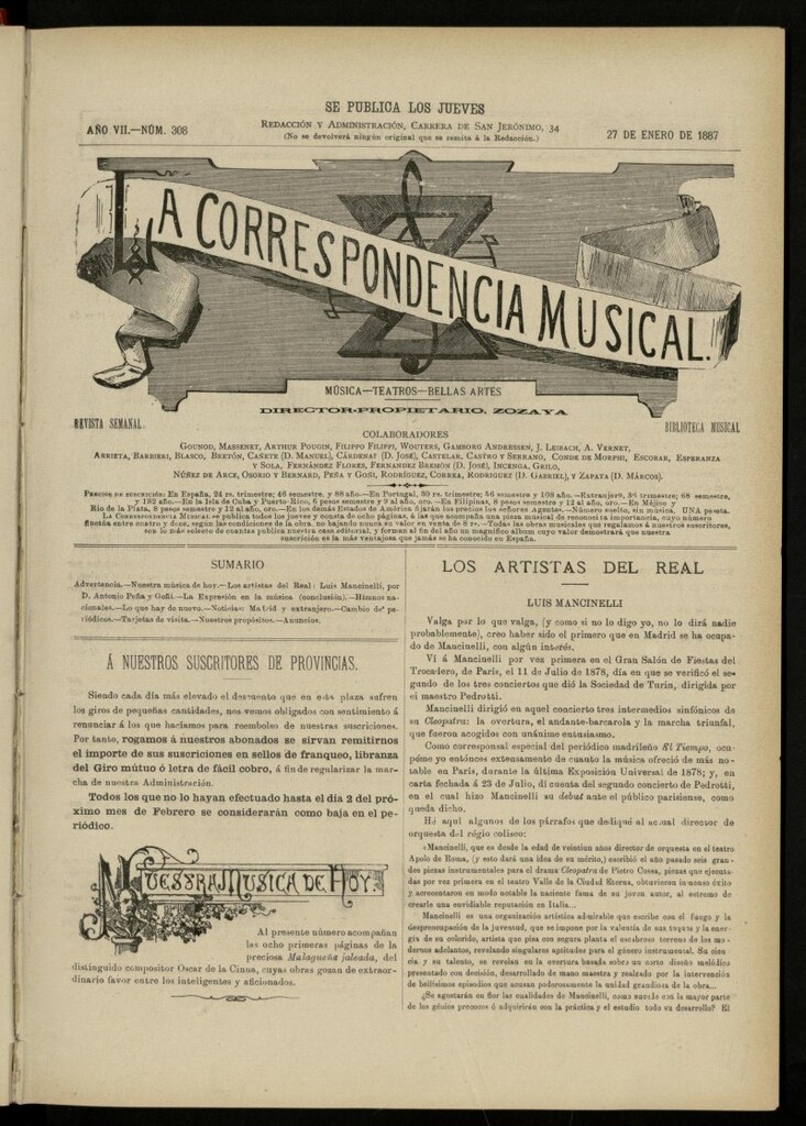 Miniatura de La Correspondencia musical : música, teatros, bellas artes, de 27 de enero de 1887, nº 308