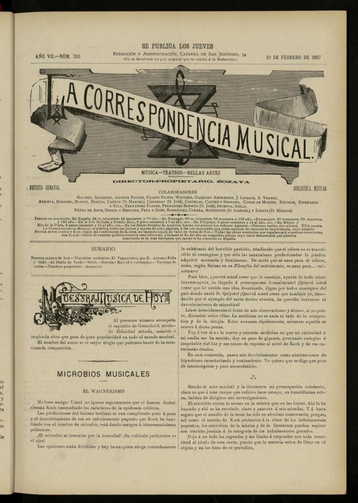 Miniatura de La Correspondencia musical : música, teatros, bellas artes, de 10 de febrero de 1887, nº 310