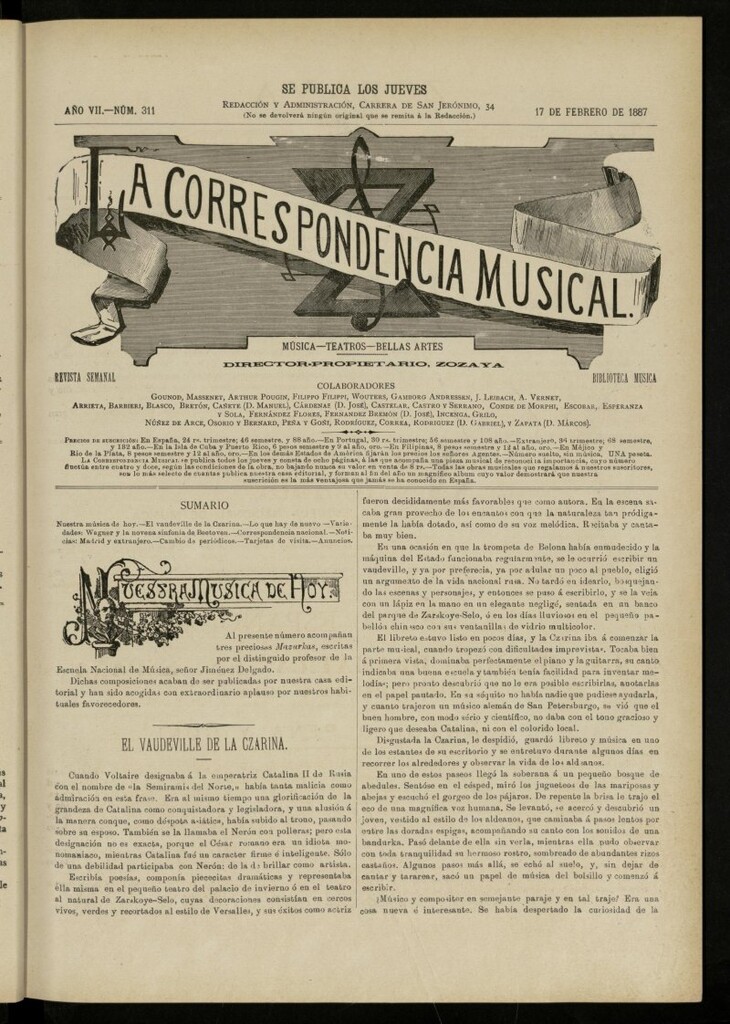 Miniatura de La Correspondencia musical : música, teatros, bellas artes, de 17 de febrero de 1887, nº 311