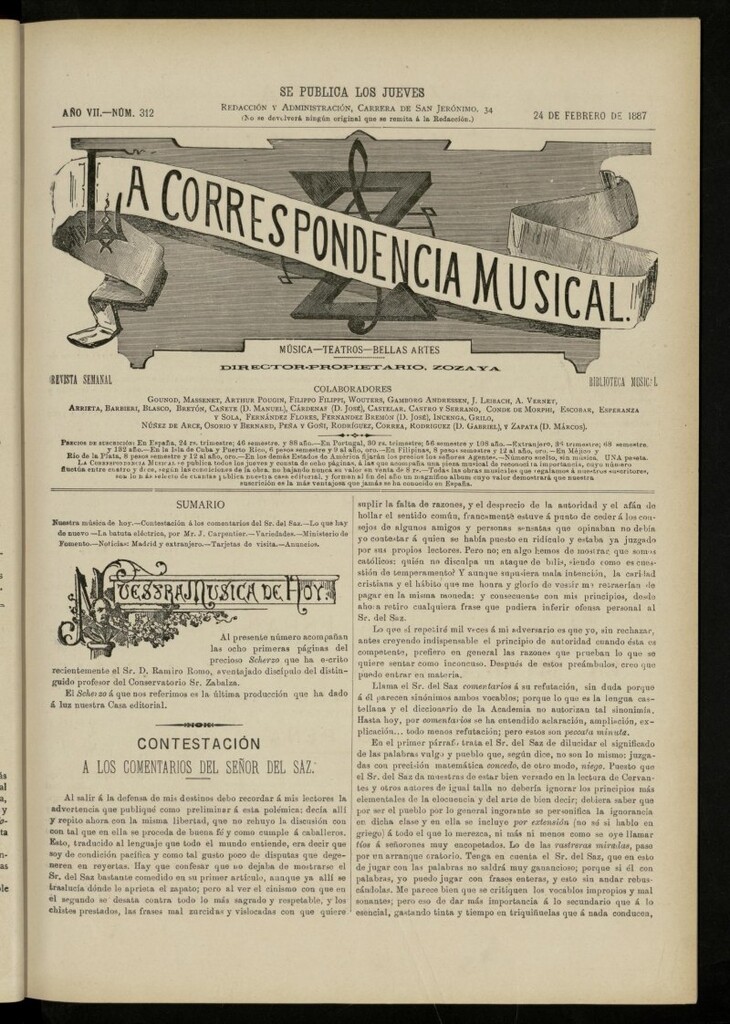 Miniatura de La Correspondencia musical : música, teatros, bellas artes, de 24 de febrero de 1887, nº 312