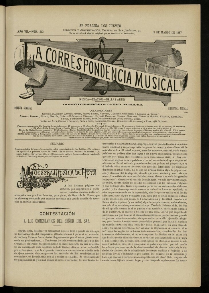 Miniatura de La Correspondencia musical : música, teatros, bellas artes, de 3 de marzo de 1887, nº 313