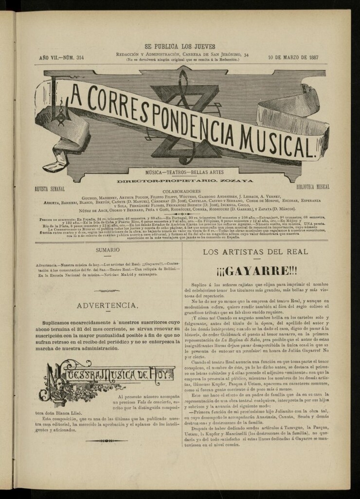 Miniatura de La Correspondencia musical : música, teatros, bellas artes, de 10 de marzo de 1887, nº 314