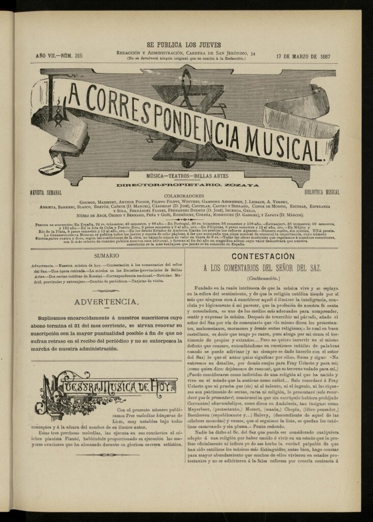 Miniatura de La Correspondencia musical : música, teatros, bellas artes, de 17 de marzo de 1887, nº 315