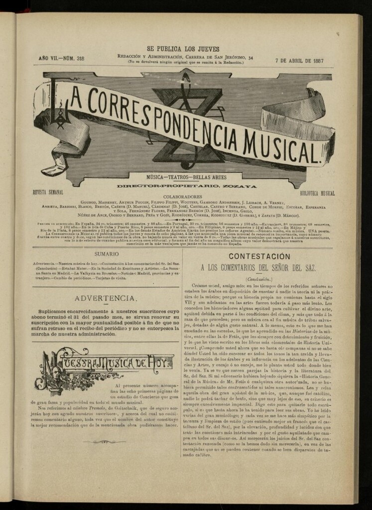 Miniatura de La Correspondencia musical : música, teatros, bellas artes, de 7 de abril de 1887, nº 318