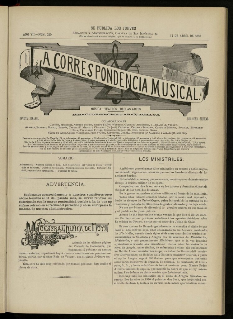 Miniatura de La Correspondencia musical : música, teatros, bellas artes, de 14 de abril de 1887, nº 319