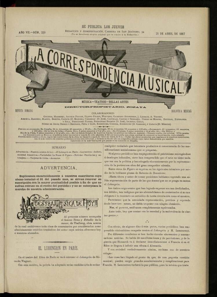 Miniatura de La Correspondencia musical : música, teatros, bellas artes, de 21 de abril de 1887, nº 320