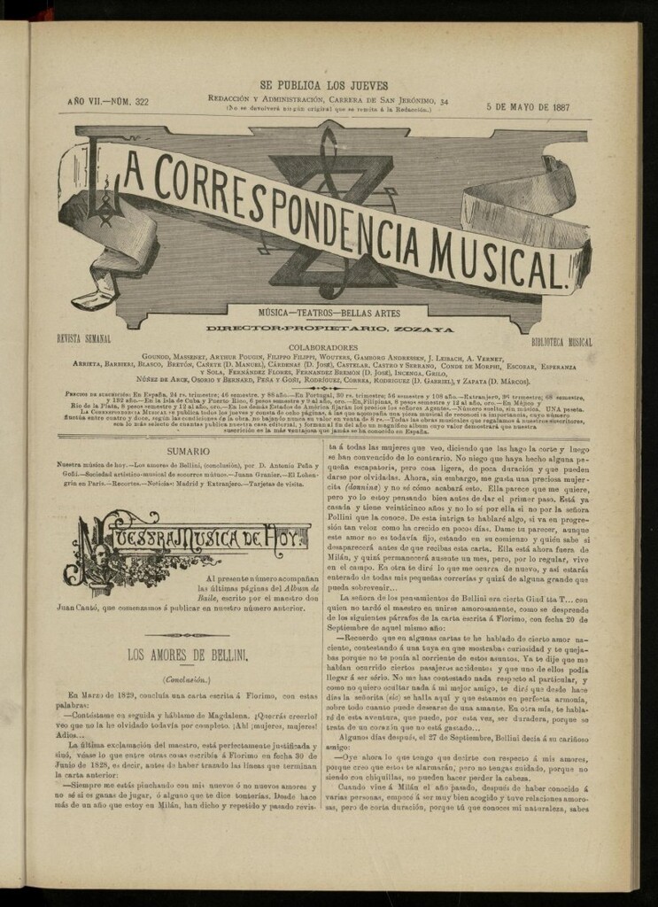 Miniatura de La Correspondencia musical : música, teatros, bellas artes, de 5 de mayo de 1887, nº 322