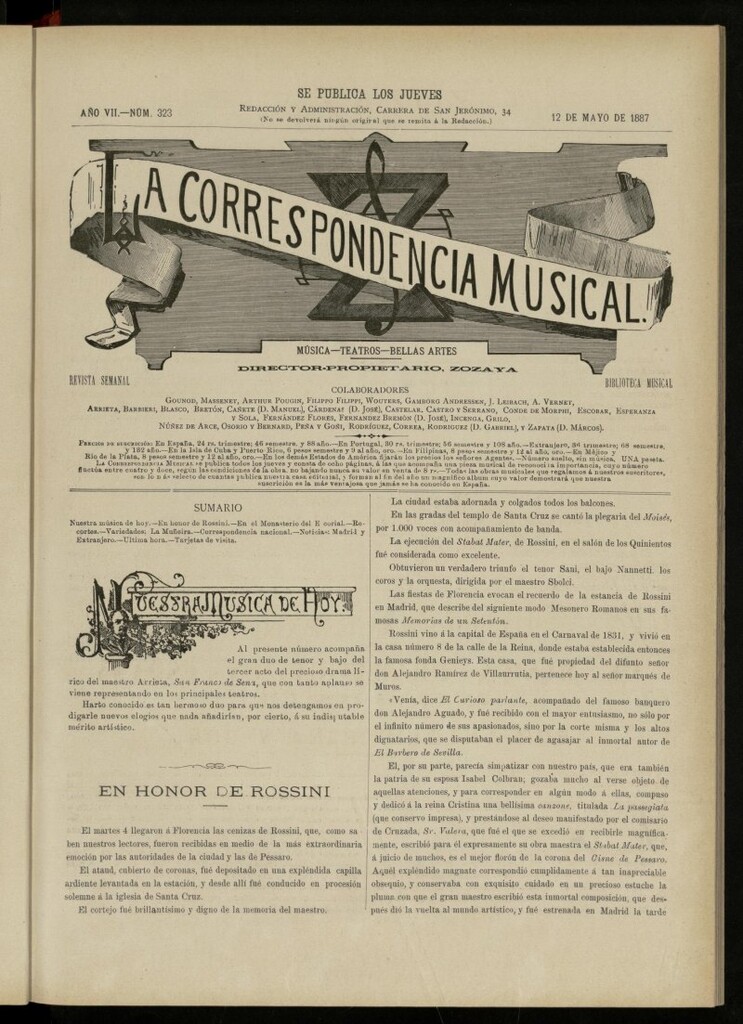 Miniatura de La Correspondencia musical : música, teatros, bellas artes, de 12 de mayo de 1887, nº 323