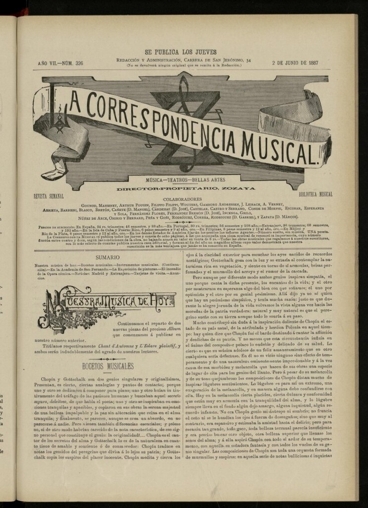 Miniatura de La Correspondencia musical : música, teatros, bellas artes, de 2 de junio de 1887, nº 326
