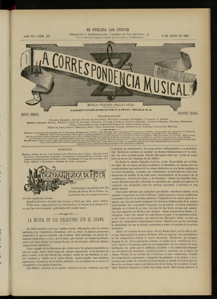 Miniatura de La Correspondencia musical : música, teatros, bellas artes, de 9 de junio de 1887, nº 327