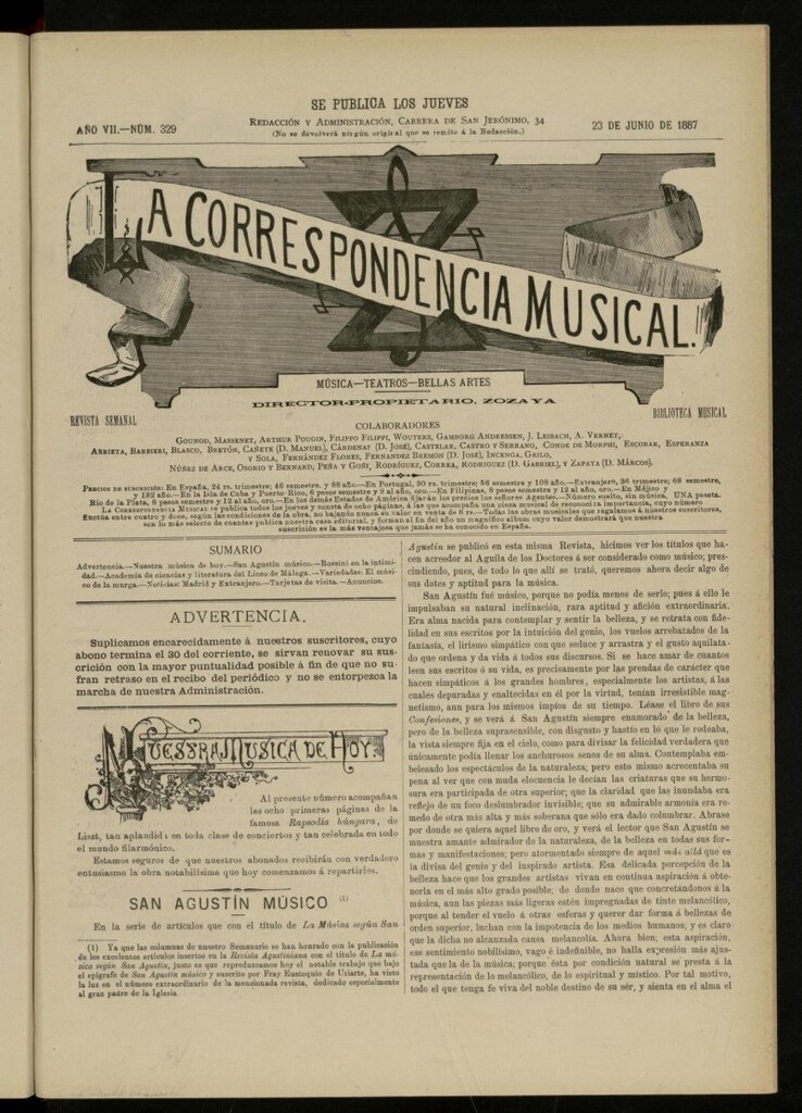 Miniatura de La Correspondencia musical : música, teatros, bellas artes, de 23 de junio de 1887, nº 329