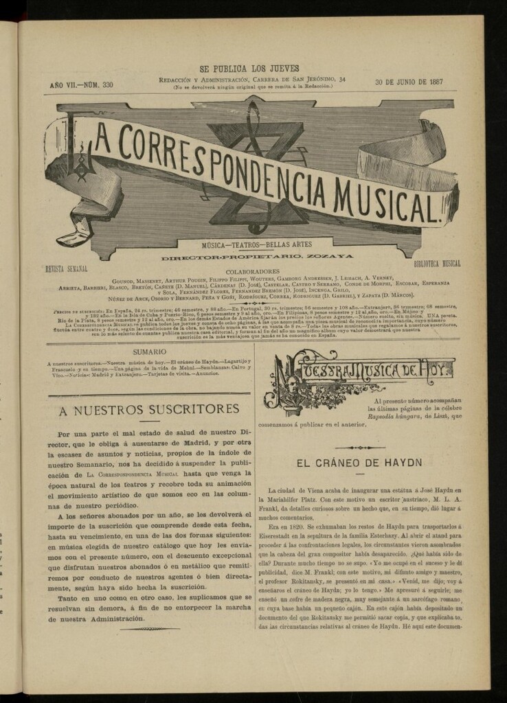 Miniatura de La Correspondencia musical : música, teatros, bellas artes, de 30 de junio de 1887, nº 330