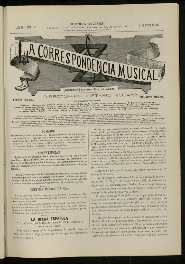 Miniatura de La Correspondencia musical : música, teatros, bellas artes, de 17 de enero de 1884, nº 159