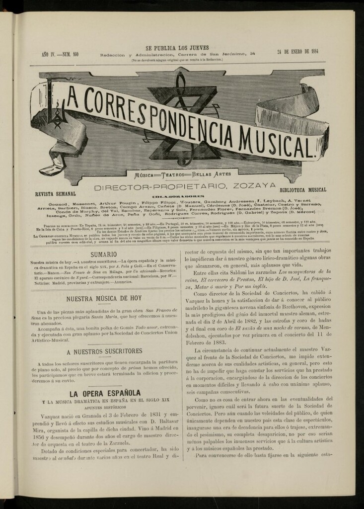 Miniatura de La Correspondencia musical : música, teatros, bellas artes, de 24 de enero de 1884, nº 160