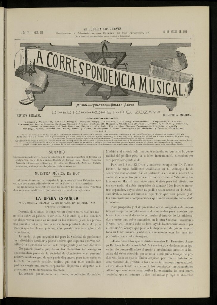 Miniatura de La Correspondencia musical : música, teatros, bellas artes, de 31 de enero de 1884, nº 161