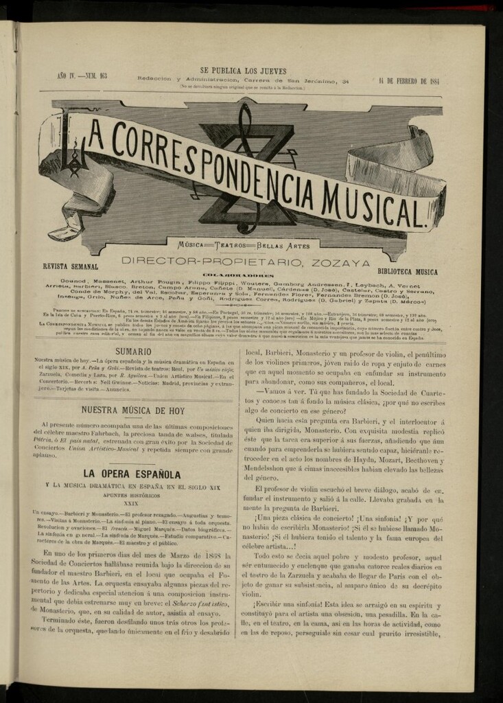 Miniatura de La Correspondencia musical : música, teatros, bellas artes, de 14 de febrero de 1884, nº 163