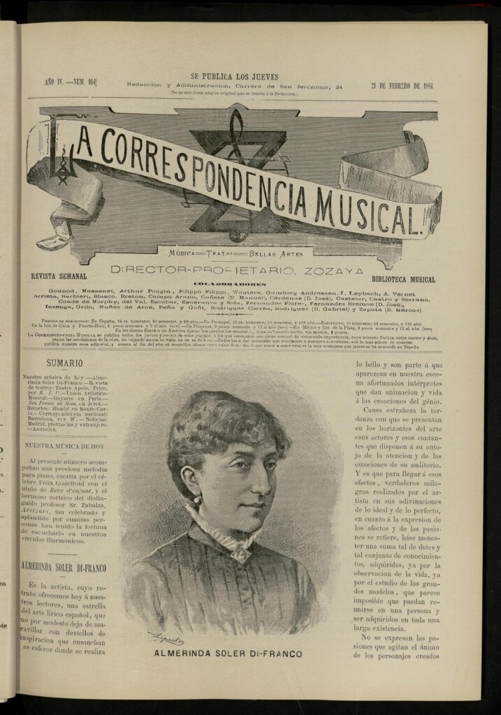 Miniatura de La Correspondencia musical : música, teatros, bellas artes, de 21 de febrero de 1884, nº 164