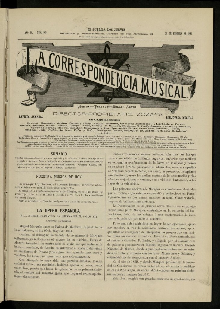 Miniatura de La Correspondencia musical : música, teatros, bellas artes, de 28 de febrero de 1884, nº 165