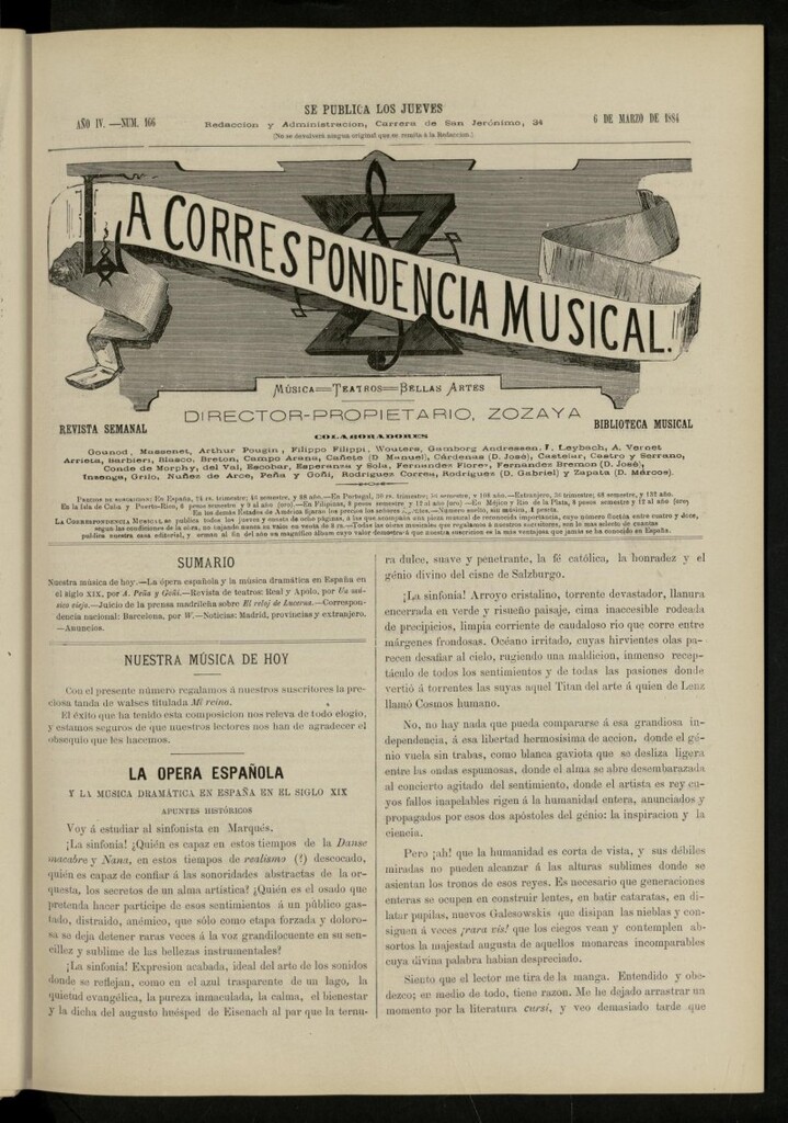 Miniatura de La Correspondencia musical : música, teatros, bellas artes, de 6 de marzo de 1884, nº 166
