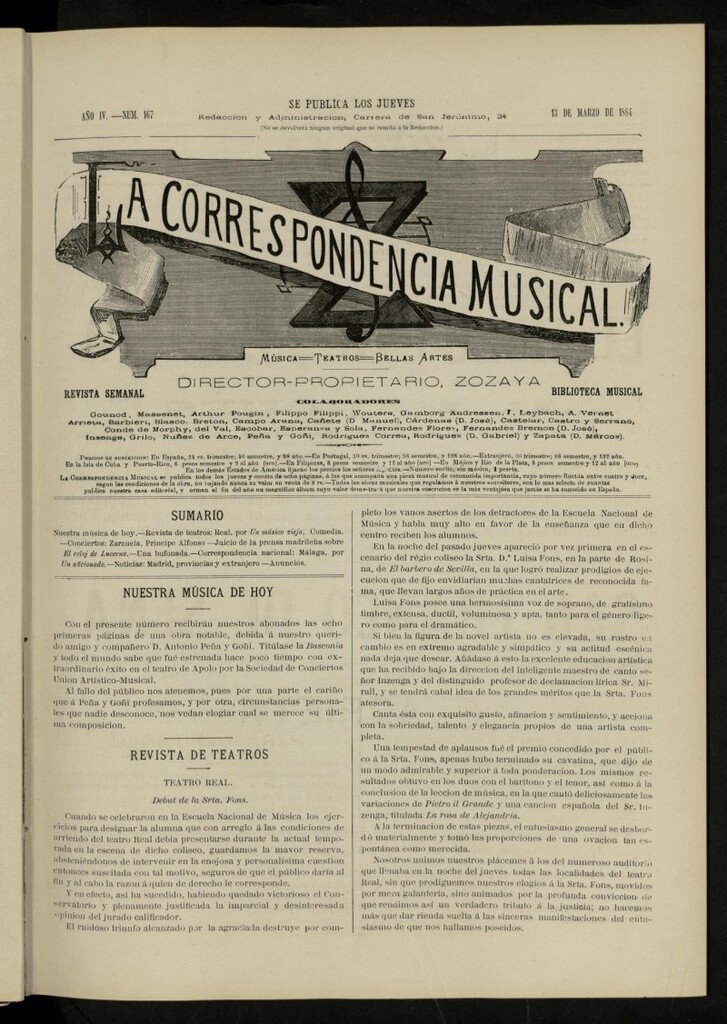 Miniatura de La Correspondencia musical : música, teatros, bellas artes, de 13 de marzo de 1884, nº 167